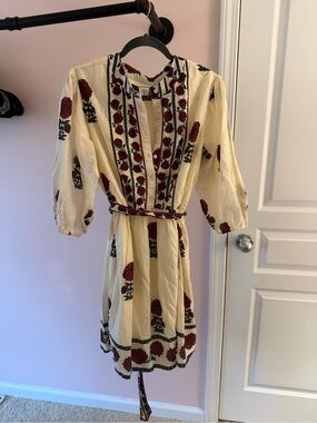 Embroidered Cream Mini Dress with Red Floral Detail
